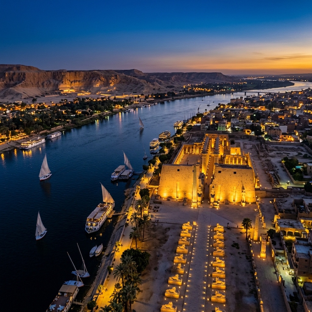 Luxor Temple aerial view at twilight